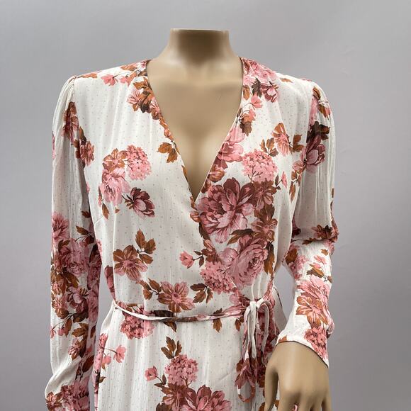 Rachel Parcell Dress Women 8 True Wrap Midi Pink Floral Print Dot Long Sleeve - Picture 2 of 9